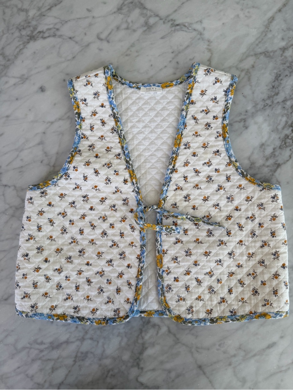 NEXT Quilted Floral Tie-Front Vest in White and Yellow